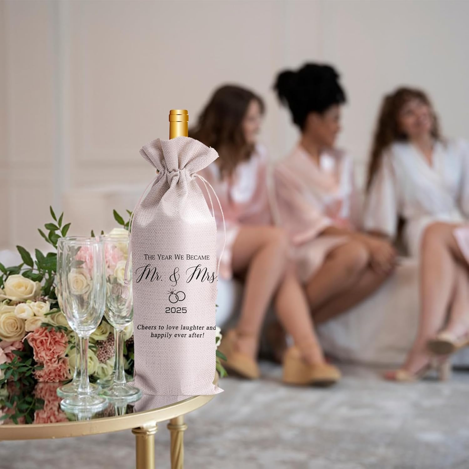Wedding Wine Bag for Mr & Mrs 2025 Reusable Champagne Bottle Holder, Anniversary & Bridal Shower Gift, Elegant Keepsake for Couples