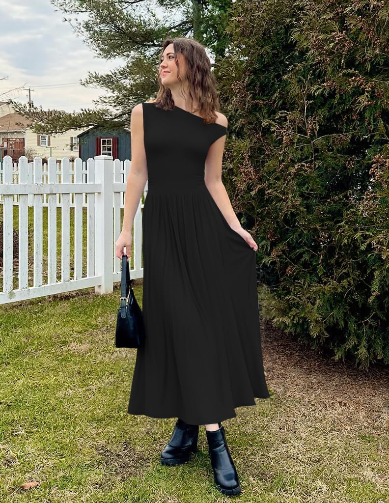 ZESICA Women’s Summer 2025 Sleeveless Maxi Dress One Shoulder Casual Slim Swing Pleated Formal Dresses with Pockets