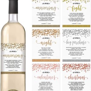 Printed Party Marriage Milestones, Greenery Wedding Firsts, 6 Wine Bottle Labels