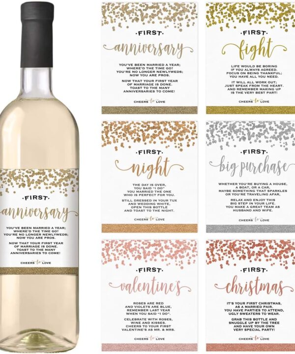 Printed Party Marriage Milestones, Greenery Wedding Firsts, 6 Wine Bottle Labels