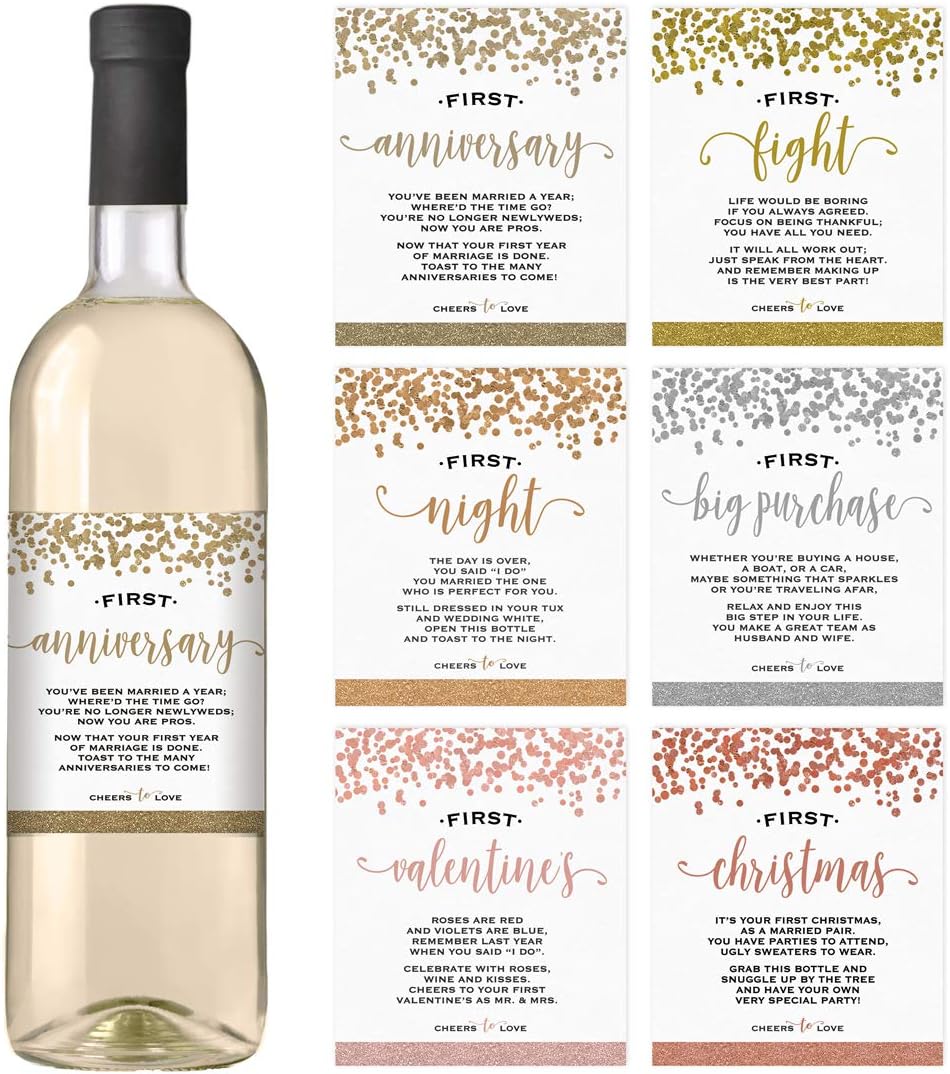 Printed Party Marriage Milestones, Greenery Wedding Firsts, 6 Wine Bottle Labels