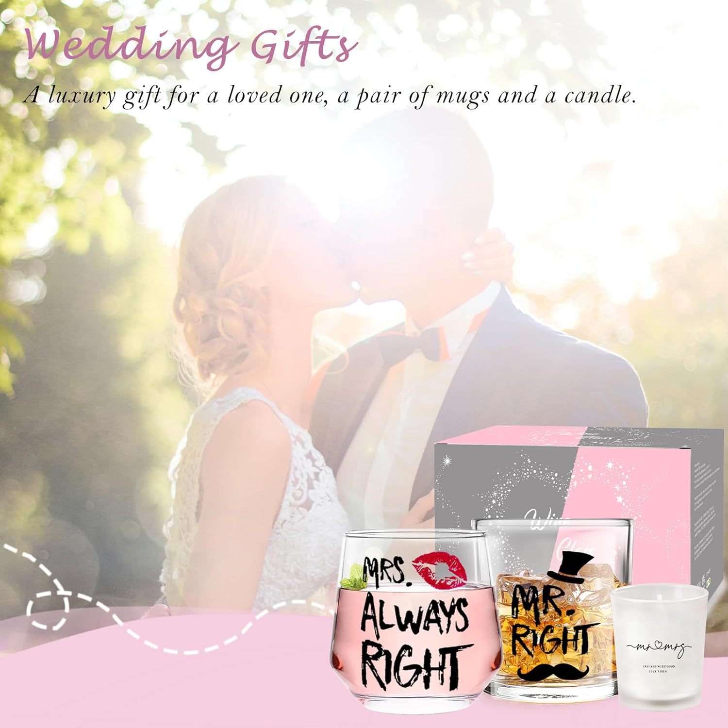 Mr. Right & Mrs. Always Right Whiskey & Wine Glasses – Funny Couple Gifts for Wedding, Anniversary, Valentine’s Day