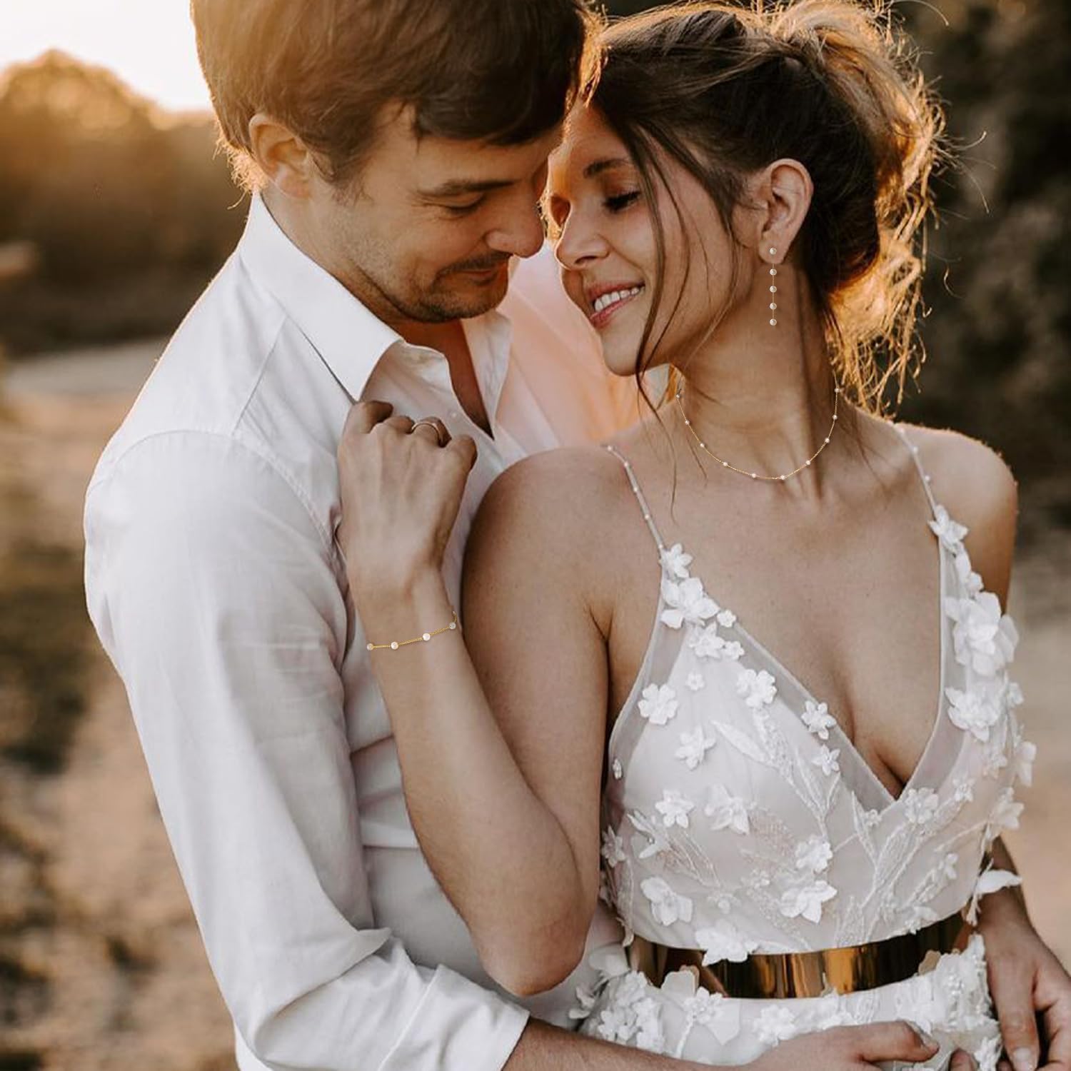 Gold Jewelry Set for Women, Dainty 14K Gold/Silver Plated Pearl Necklace and Earring Set with Drop Earrings, Bracelets, Choker Necklace – Wedding Jewelry Gift