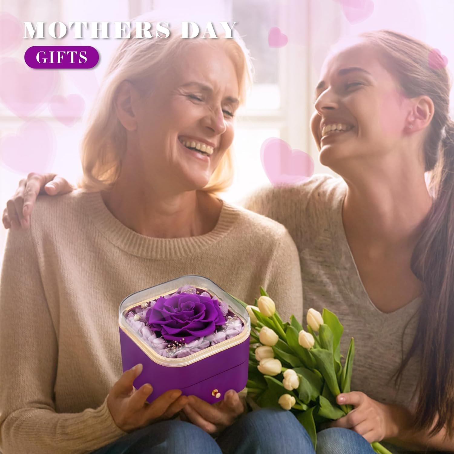 Beferr Gifts for Women Mom Preserved Rose Forever Flower with Necklace Fresh Flowers for Delivery Prime Birthday Gifts for Wife Sister Grandma Christmas Anniversary Eternal Purple Roses