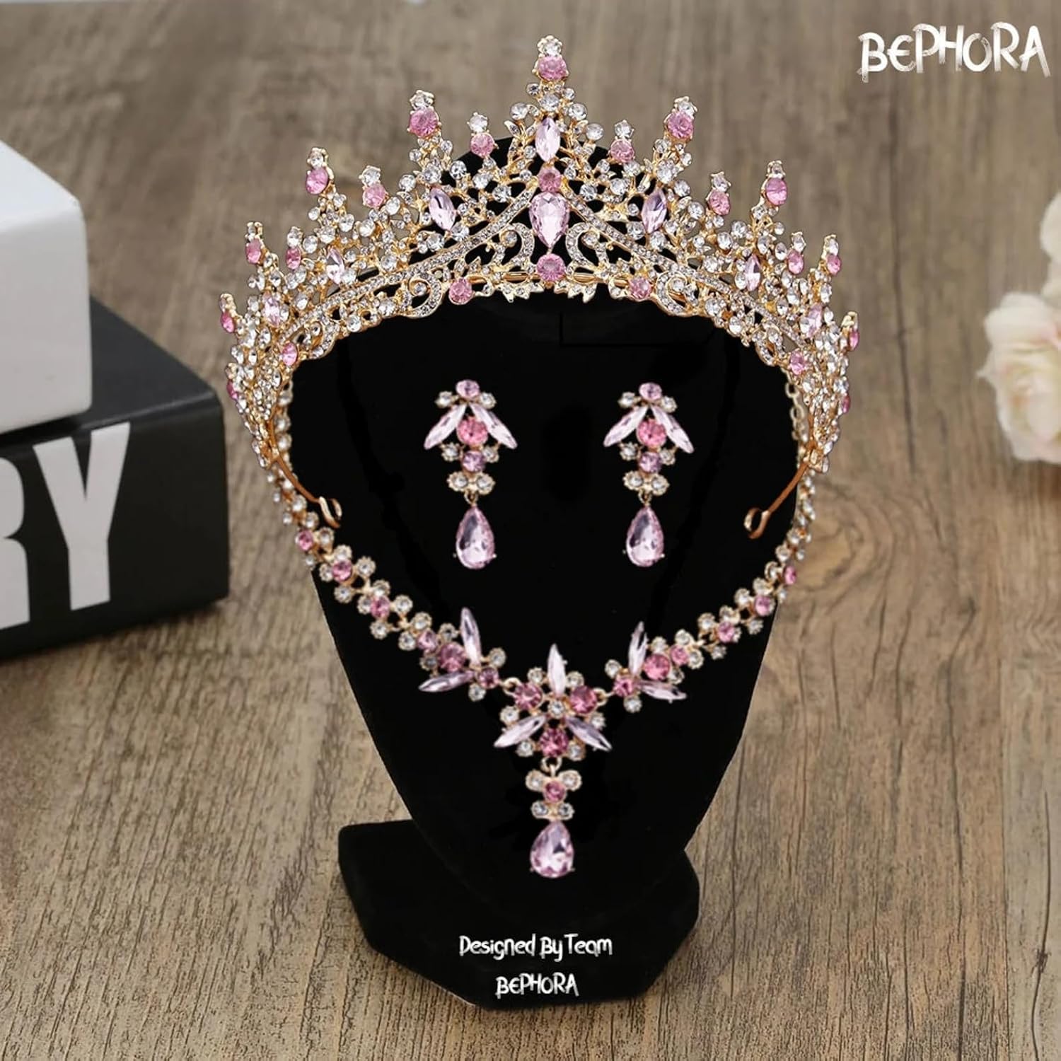 Gold Pink Crystal Bridal Tiara Set Wedding Crown, Necklace & Earrings Elegant Jewelry for Women & Brides Premium Gift Box Included