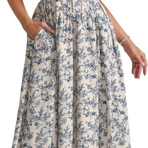 KUTUMAI Floral Corset Midi Dress Flowy Slit Summer Spring Wedding Guest Dresses for Women Sundress with Pockets