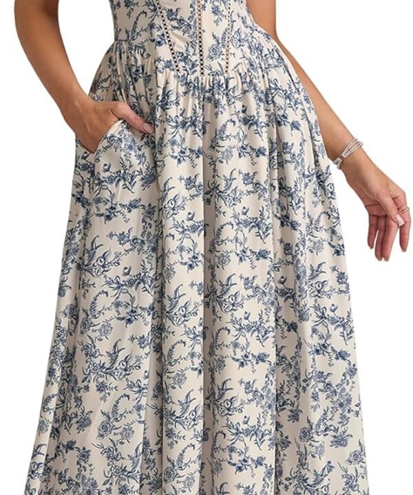 KUTUMAI Floral Corset Midi Dress Flowy Slit Summer Spring Wedding Guest Dresses for Women Sundress with Pockets