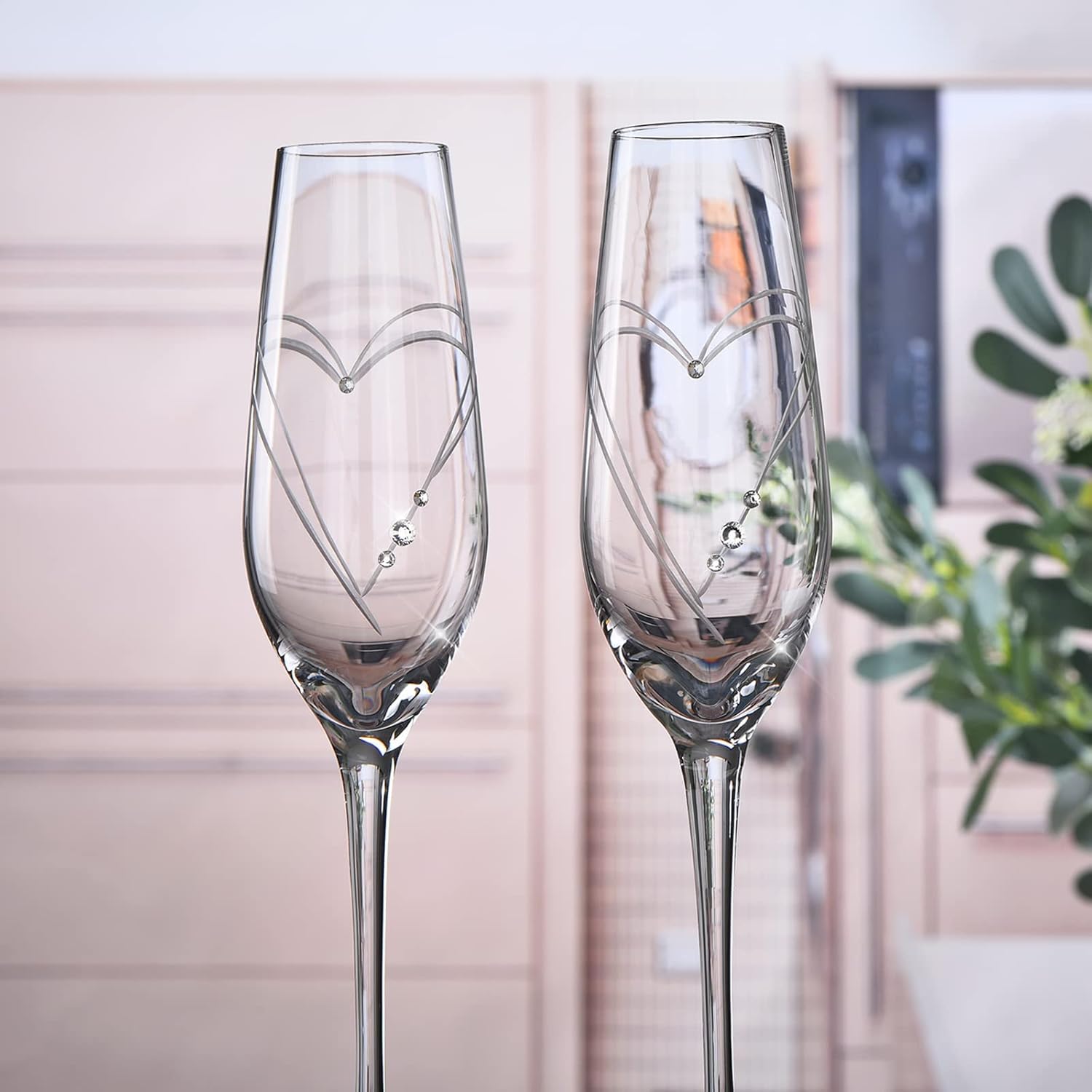 Champagne Flutes, Bride and Groom Wedding Toasting Champagne Glasses Set of 2 with Engraved Love Heart Design Embellished with Crystal, Wedding Engagement Christmas Presents for Couple