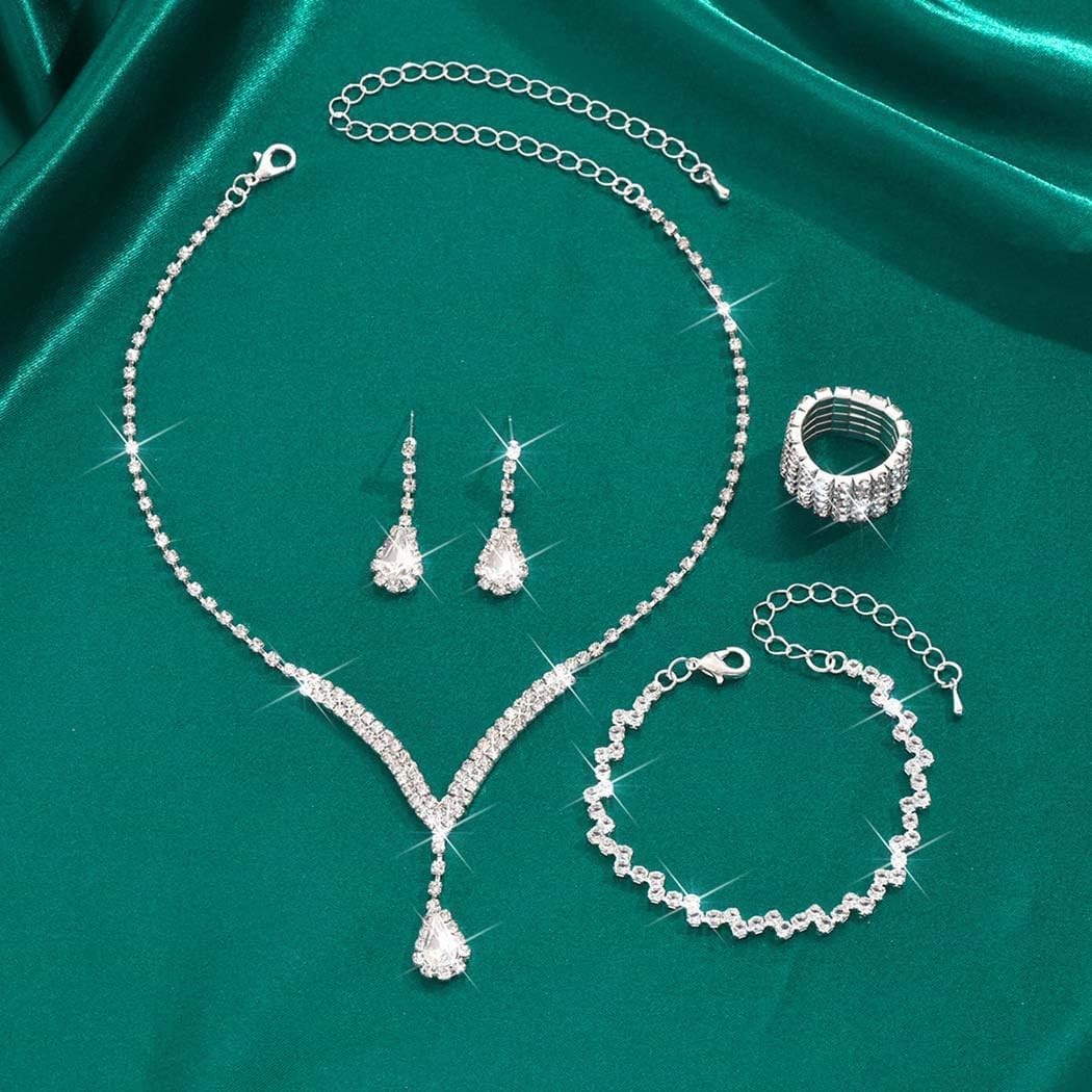 Unicra Bridal Wedding Jewelry Set Silver Rhinestone Necklace Earrings Sets Formal Costume Jewelry for Women and Brides