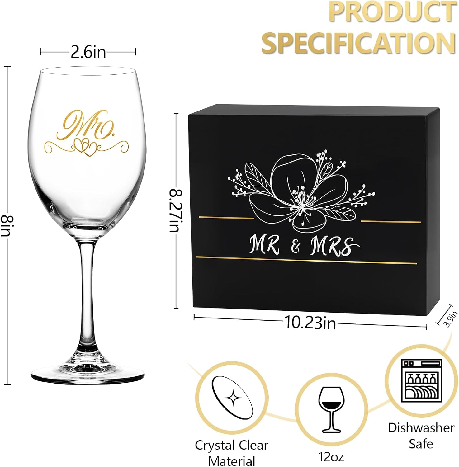 Bridal Shower Gifts Wedding Gifts Engagement Gift for Couples Newlyweds,Mr and Mrs Wine Glass Set,Wedding Glasses for Bride and Groom