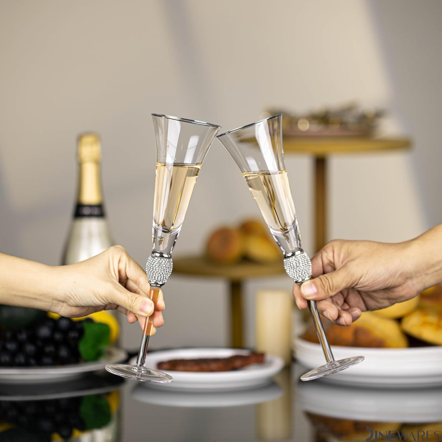 2 Piece Elegant Crystal Set Wedding Champagne Glasses with Diamond Rhinestone Accents and a Polished Silver Rim – 11 in Tall with Slender Long Stem, 7 oz – Chic Toasting Set for the Bride and Groom