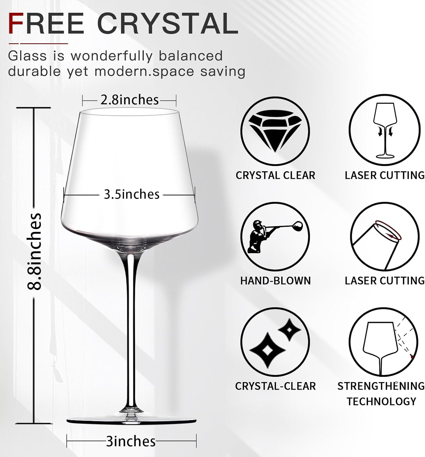White Red Wine Glasses Set of 6 18oz ClearHand Blown Crystal Wine Glass Tall Long Stem Modern Wine Glasses Square Wine Glass with flat bottom Unique gifts for Wedding,Brithday,anniversary
