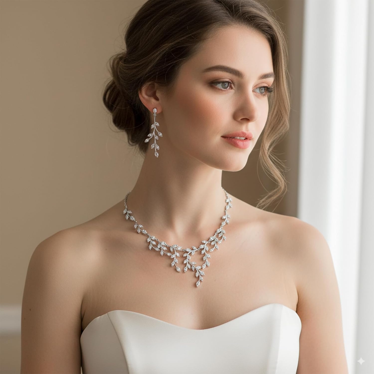 CSY Luxury Bridal Necklace Earrings Bracelet Set Cubic Zirconia Wedding Jewelry for Bride Bridesmaids CZ Plants Vine Platinum Jewelry Set Women