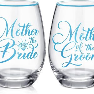 2 Pcs Mother of the Bride and Groom Gifts Wine Glasses Drink Cup 15 Ounce Stemless Wedding Toasting Glass Tumbler Wedding Proposal Gift for Mother (Blue)