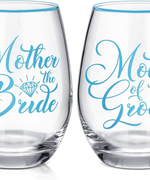2 Pcs Mother of the Bride and Groom Gifts Wine Glasses Drink Cup 15 Ounce Stemless Wedding Toasting Glass Tumbler Wedding Proposal Gift for Mother (Blue)