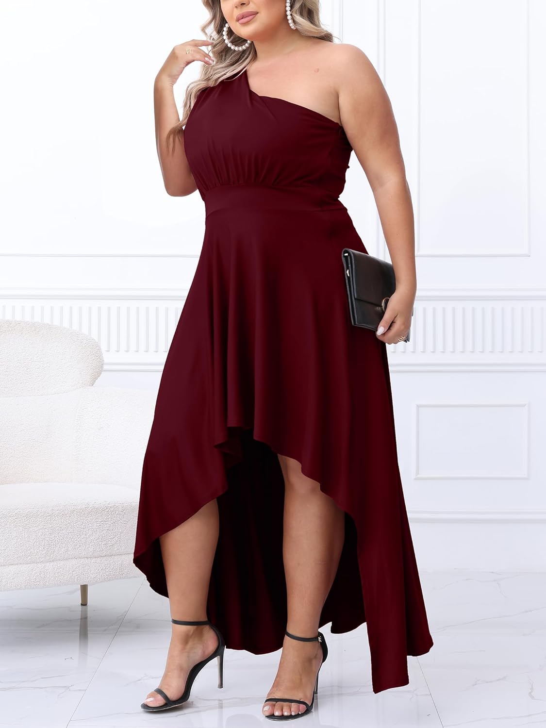 Ekaliy Women’s Plus Size One Shoulder Dress Sexy High Low Irregular Hem Flowy Party Cocktail Maxi Dress