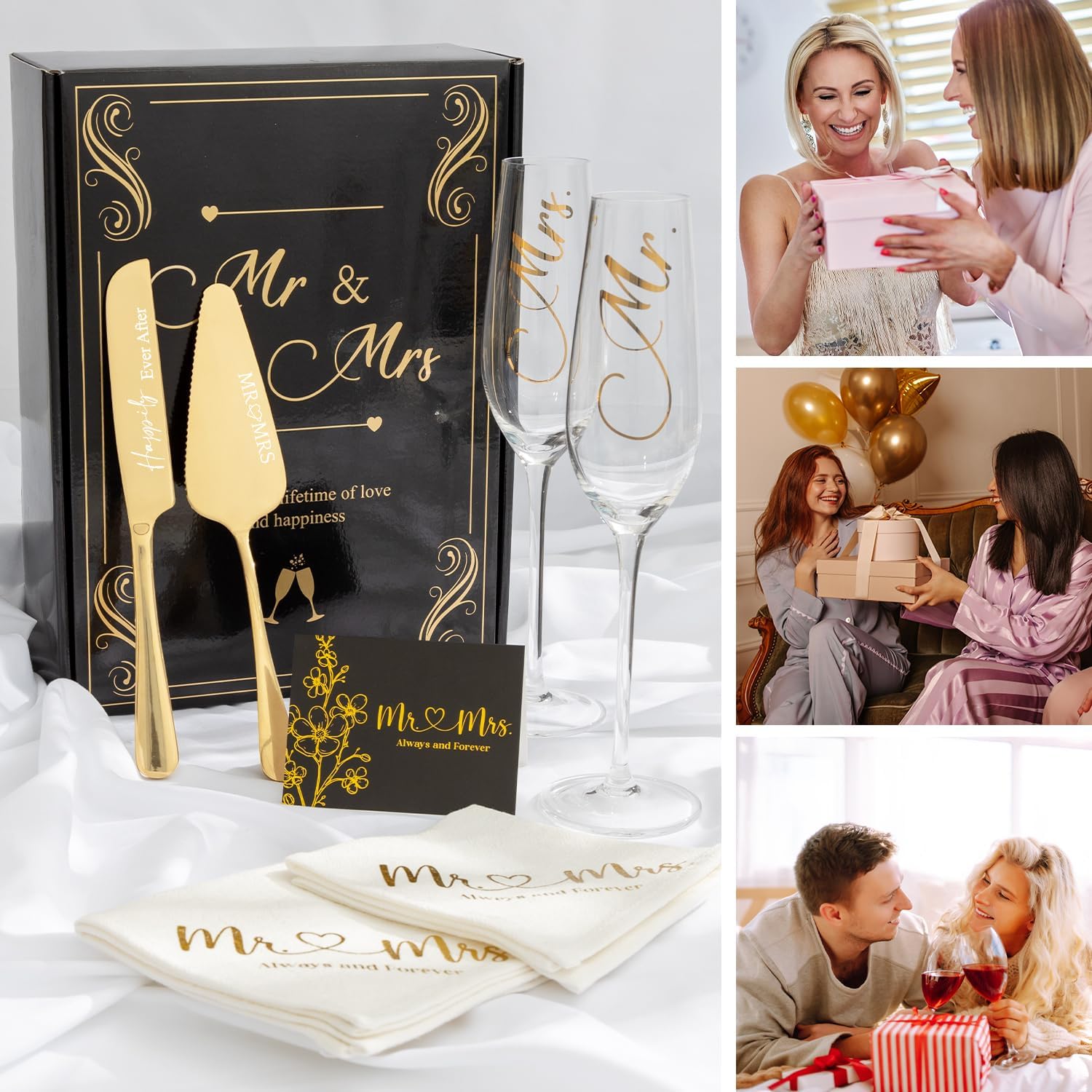 Wedding Cake Knife And Server Set Mr Mrs Champagne Flutes, Bride And Groom Gold Engraved Toasting Glasses With Cocktail Napkins Cake Cutting Set For Wedding, Personalized Engagement Gifts For Couple