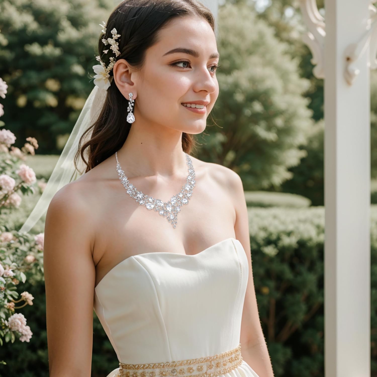 BriLove Women’s Wedding Bridal Austrian Crystal Teardrop Cluster Statement Necklace Dangle Earrings Jewelry Set