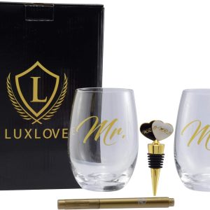 LUXLOVE - Mr. and Mrs. Tumbler Wine Glasses Set for Couples. Includes a Mr. and Mrs. Wine Stopper and Gift Box. A Great Gift For Weddings, Bridal Shower, Engagement, or Anniversary.