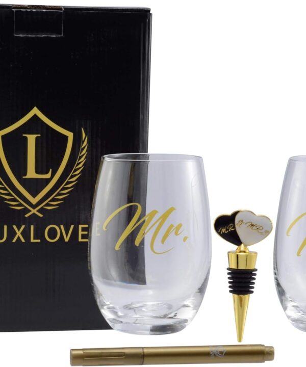 LUXLOVE - Mr. and Mrs. Tumbler Wine Glasses Set for Couples. Includes a Mr. and Mrs. Wine Stopper and Gift Box. A Great Gift For Weddings, Bridal Shower, Engagement, or Anniversary.
