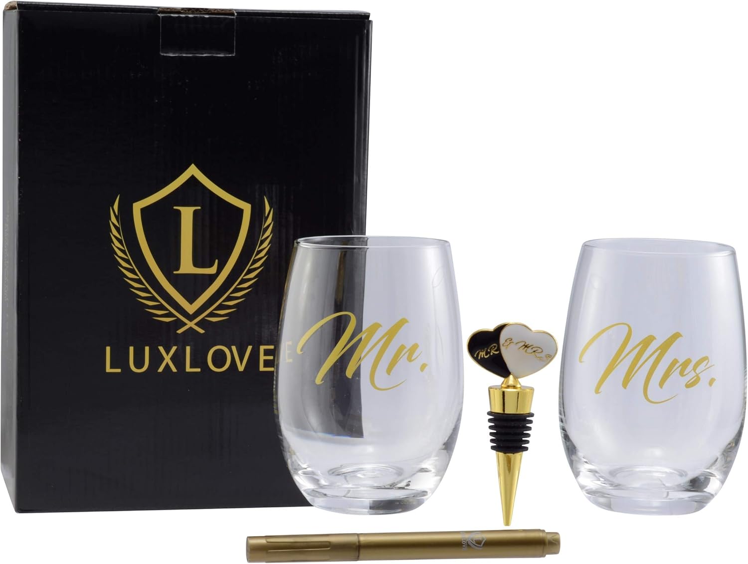 LUXLOVE - Mr. and Mrs. Tumbler Wine Glasses Set for Couples. Includes a Mr. and Mrs. Wine Stopper and Gift Box. A Great Gift For Weddings, Bridal Shower, Engagement, or Anniversary.
