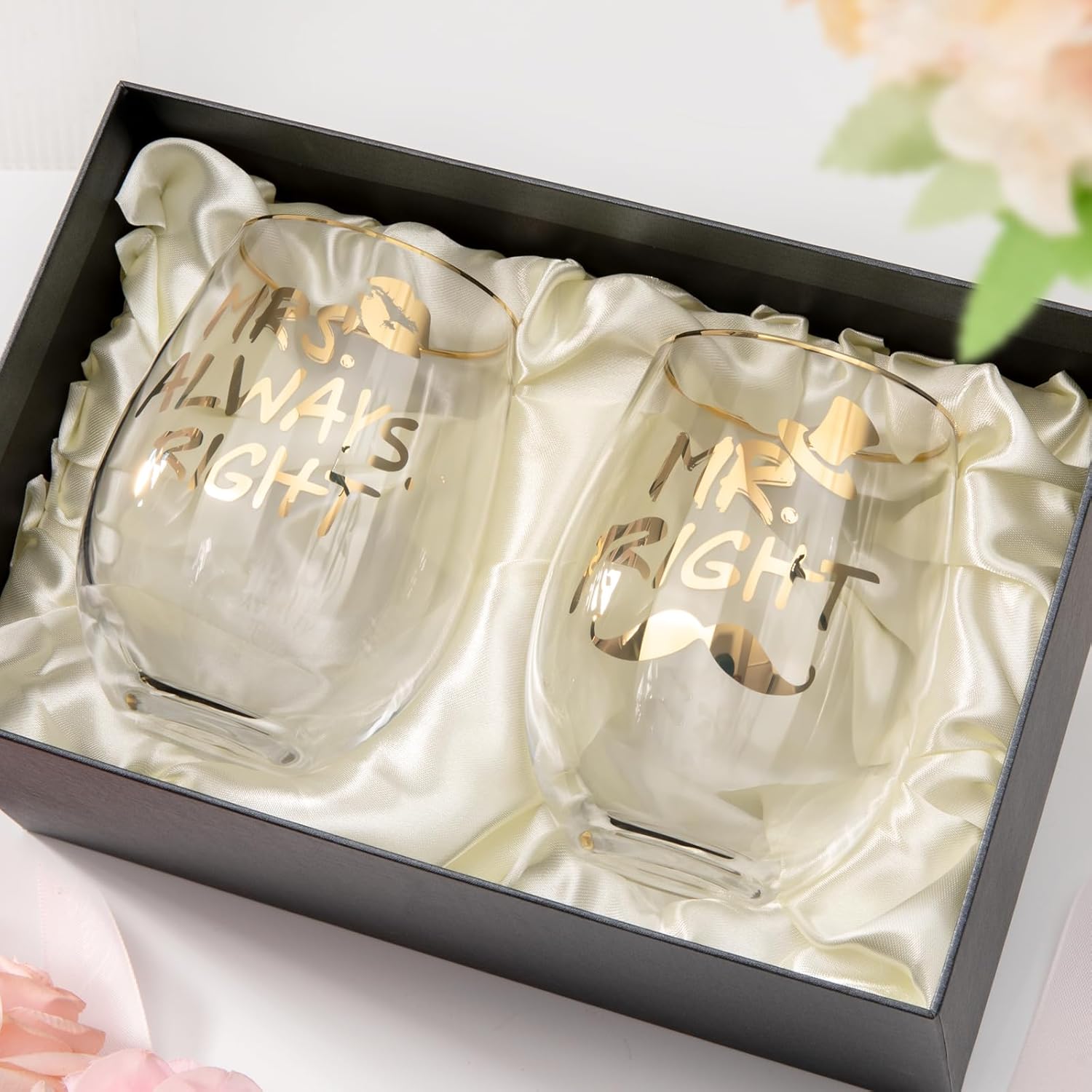 Wedding Gifts for Couples, Bridal Shower Gifts, Mr and Mrs Wine Glasses, Anniversary Gngagement Gift for Bride and Groom, Newlyweds, His and Hers, 2-18Oz Wine Glasses with Luxury Gift Box