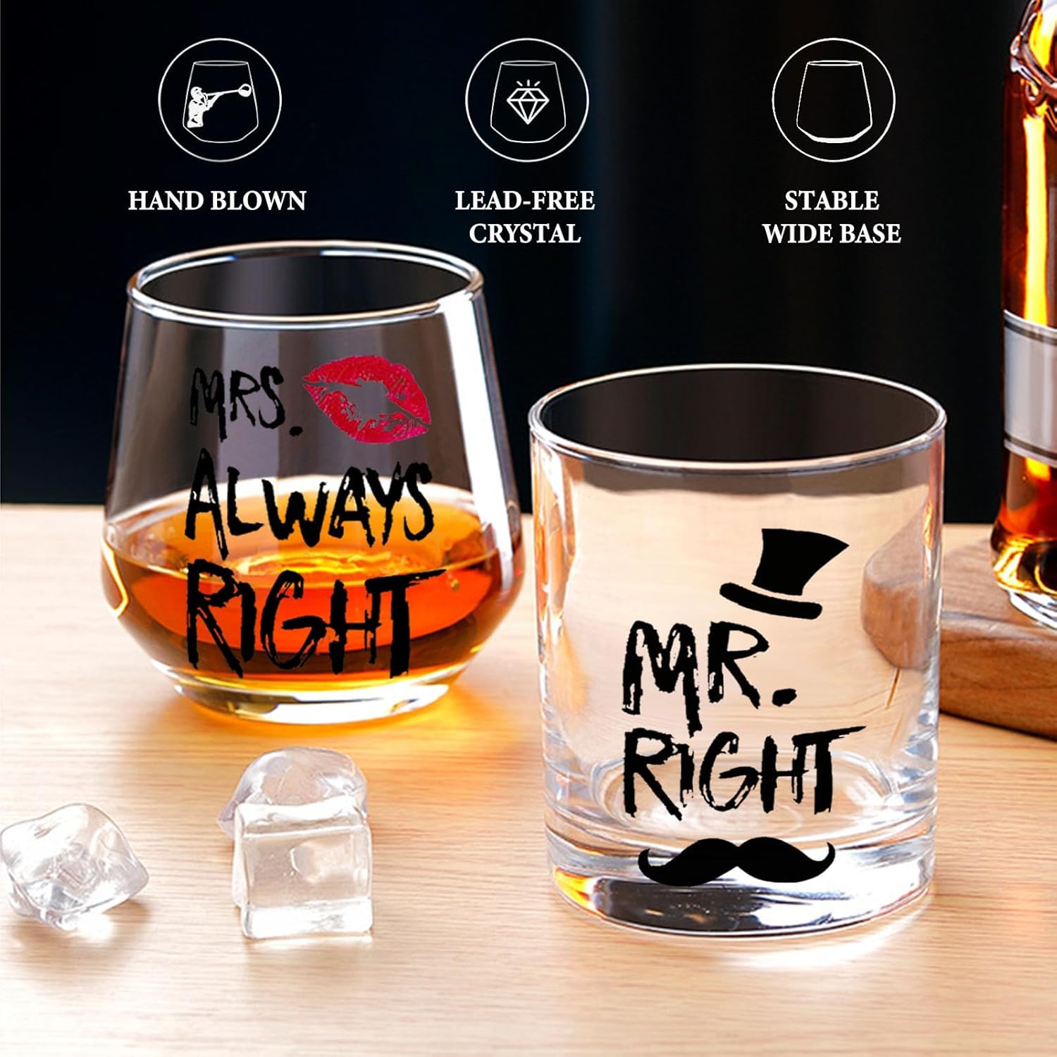 Mr. Right & Mrs. Always Right Whiskey & Wine Glasses – Funny Couple Gifts for Wedding, Anniversary, Valentine’s Day