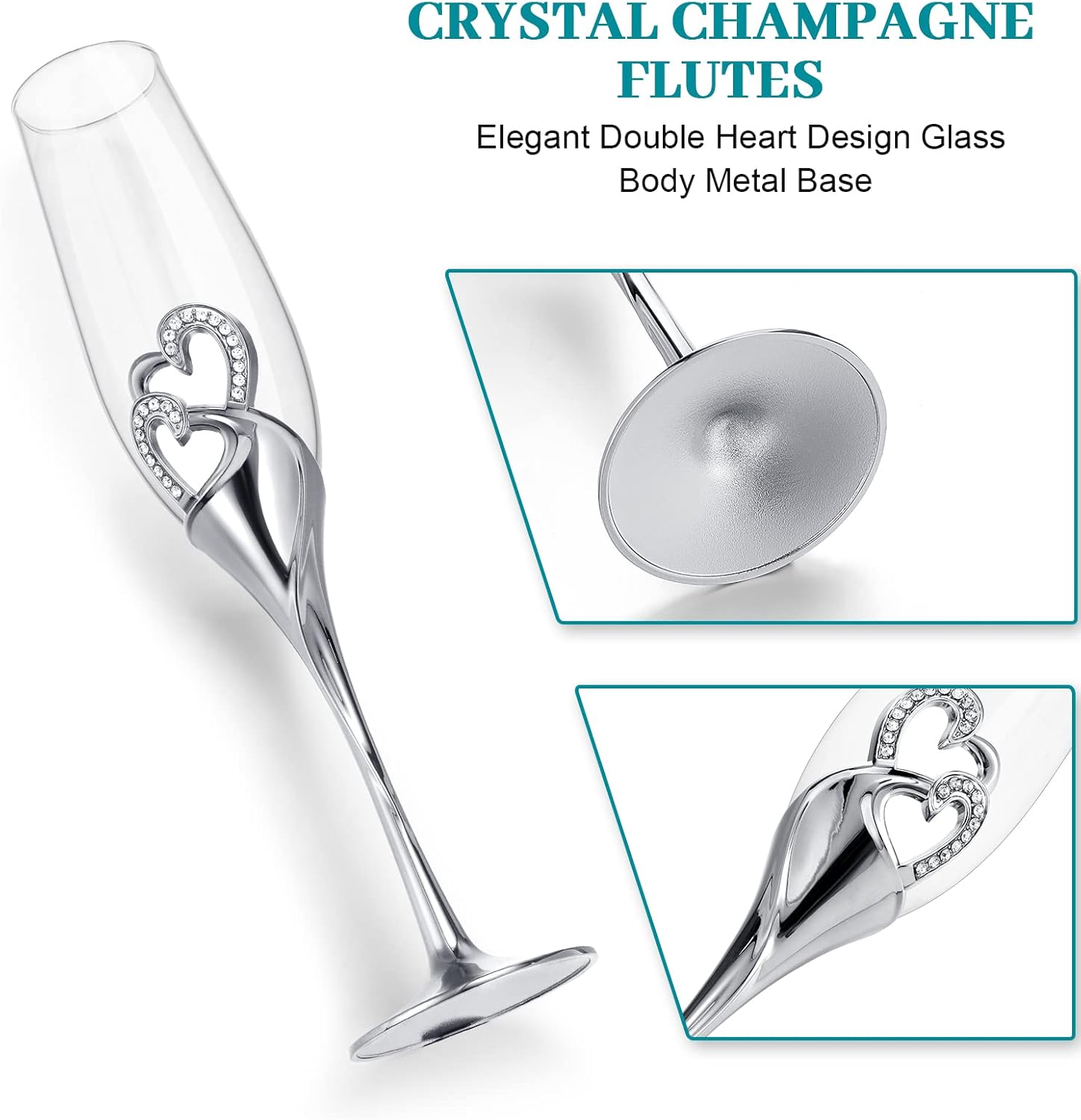 Zhehao Wedding Champagne Flutes and Cake Knife Server Set Toasting Glasses Toasting Champagne Flutes with Rhinestone Rimmed Hearts Decoration Couple Cake Cutting Set for Wedding Anniversary (Silver)