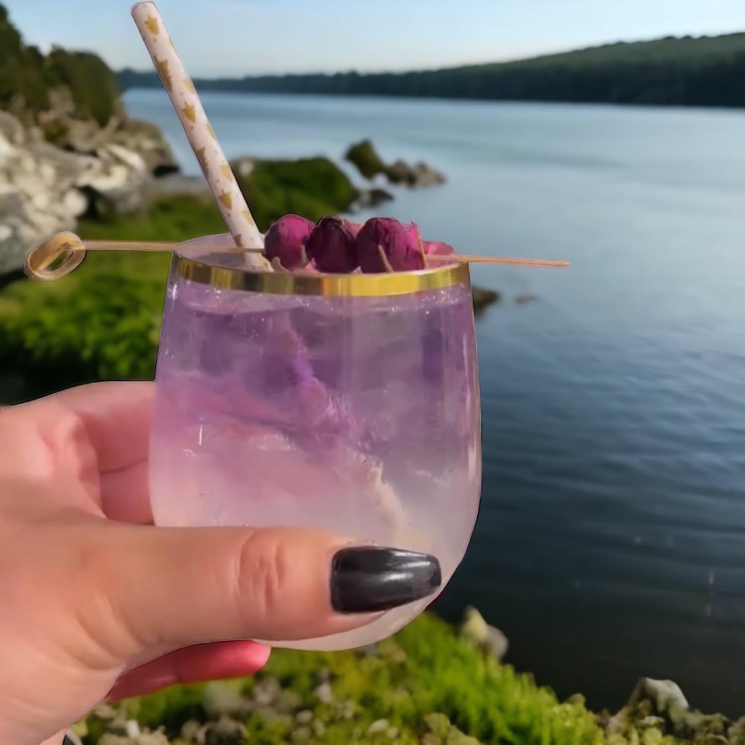 48 piece Stemless Unbreakable Crystal Clear Plastic Wine Glasses Set of 48 Small (10 Ounce – Gold Rim)