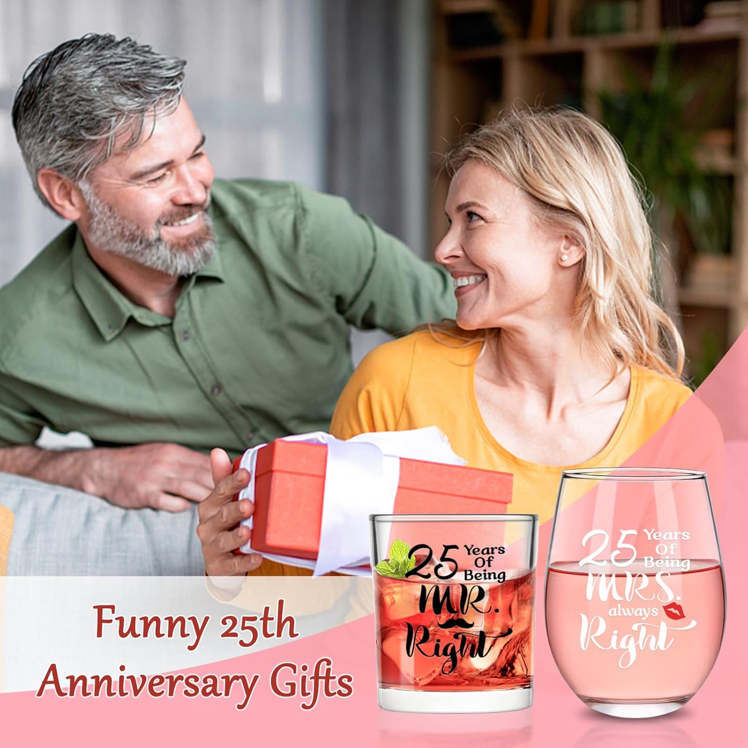 Futtumy 25th Anniversary Glass Gifts Set, 25 Years of Being Mr Right & Mrs Always Right 17oz Wine 10oz Whisky Glass, 25th Wedding Anniversary for Wife Husband Couple Parents Grandparents Friends