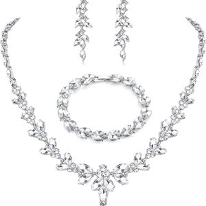 FIASASO Prom Jewelry Set Necklace Dangle Earrings Bracelet Bride Bridesmaid Crystal Bridal Jewelry Set for Wedding Rhinestone Engagement Party Prom Jewelry Set for Women