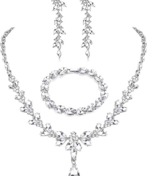 FIASASO Prom Jewelry Set Necklace Dangle Earrings Bracelet Bride Bridesmaid Crystal Bridal Jewelry Set for Wedding Rhinestone Engagement Party Prom Jewelry Set for Women
