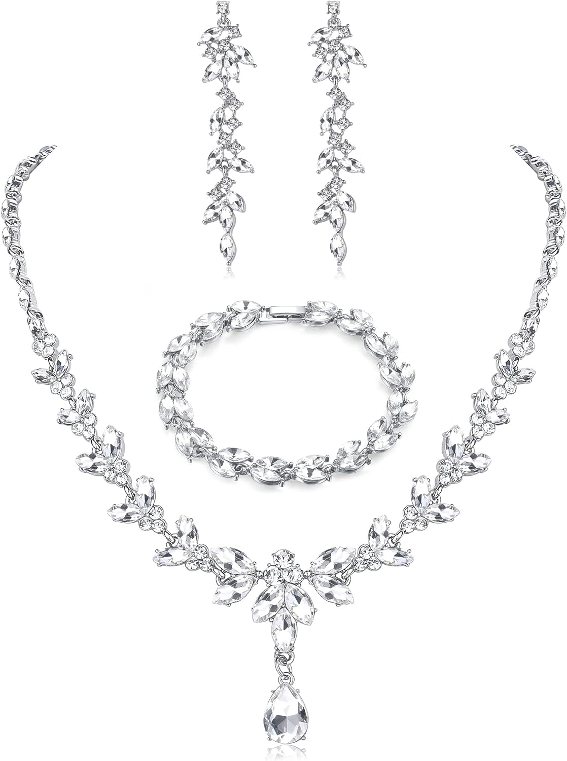 FIASASO Prom Jewelry Set Necklace Dangle Earrings Bracelet Bride Bridesmaid Crystal Bridal Jewelry Set for Wedding Rhinestone Engagement Party Prom Jewelry Set for Women