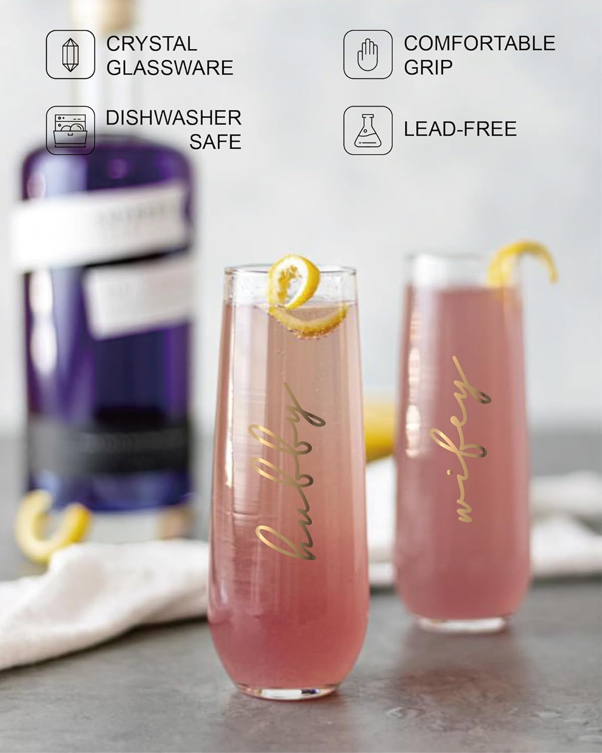 Hubby and Wifey Champagne Flutes, Wedding Flutes for Bride and Groom, Crystal Stemless Wine Glasses for Wedding, Newlyweds & Engagement