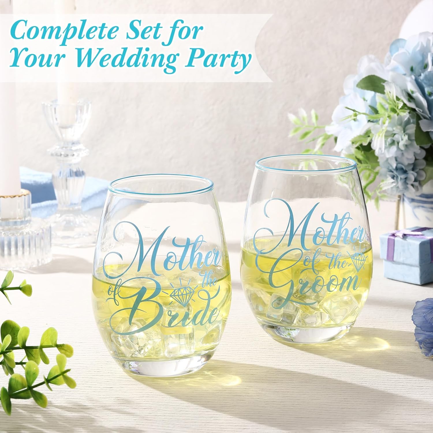2 Pcs Mother of the Bride and Groom Gifts Wine Glasses Drink Cup 15 Ounce Stemless Wedding Toasting Glass Tumbler Wedding Proposal Gift for Mother (Blue)