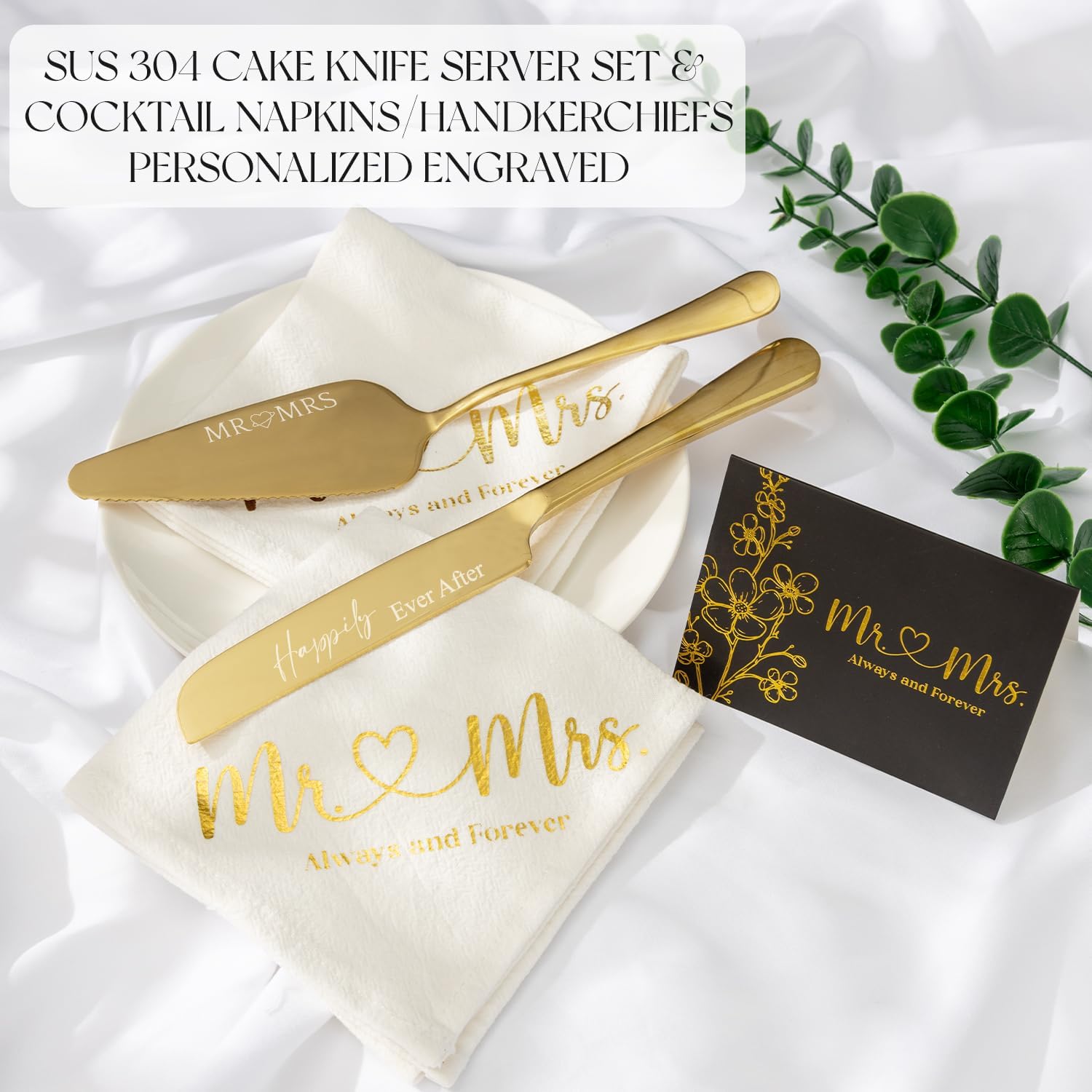 Wedding Cake Knife And Server Set Mr Mrs Champagne Flutes, Bride And Groom Gold Engraved Toasting Glasses With Cocktail Napkins Cake Cutting Set For Wedding, Personalized Engagement Gifts For Couple