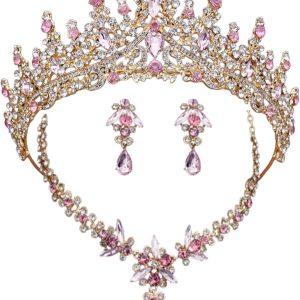 Gold Pink Crystal Bridal Tiara Set  Wedding Crown, Necklace & Earrings  Elegant Jewelry for Women & Brides  Premium Gift Box Included