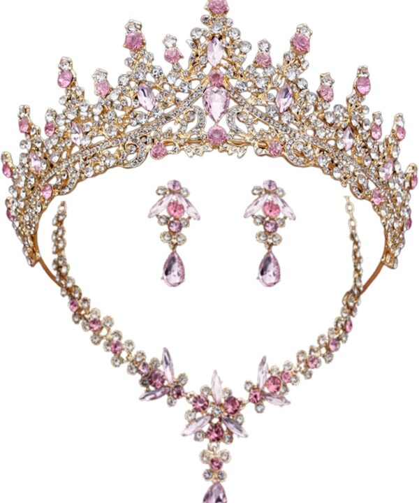 Gold Pink Crystal Bridal Tiara Set  Wedding Crown, Necklace & Earrings  Elegant Jewelry for Women & Brides  Premium Gift Box Included