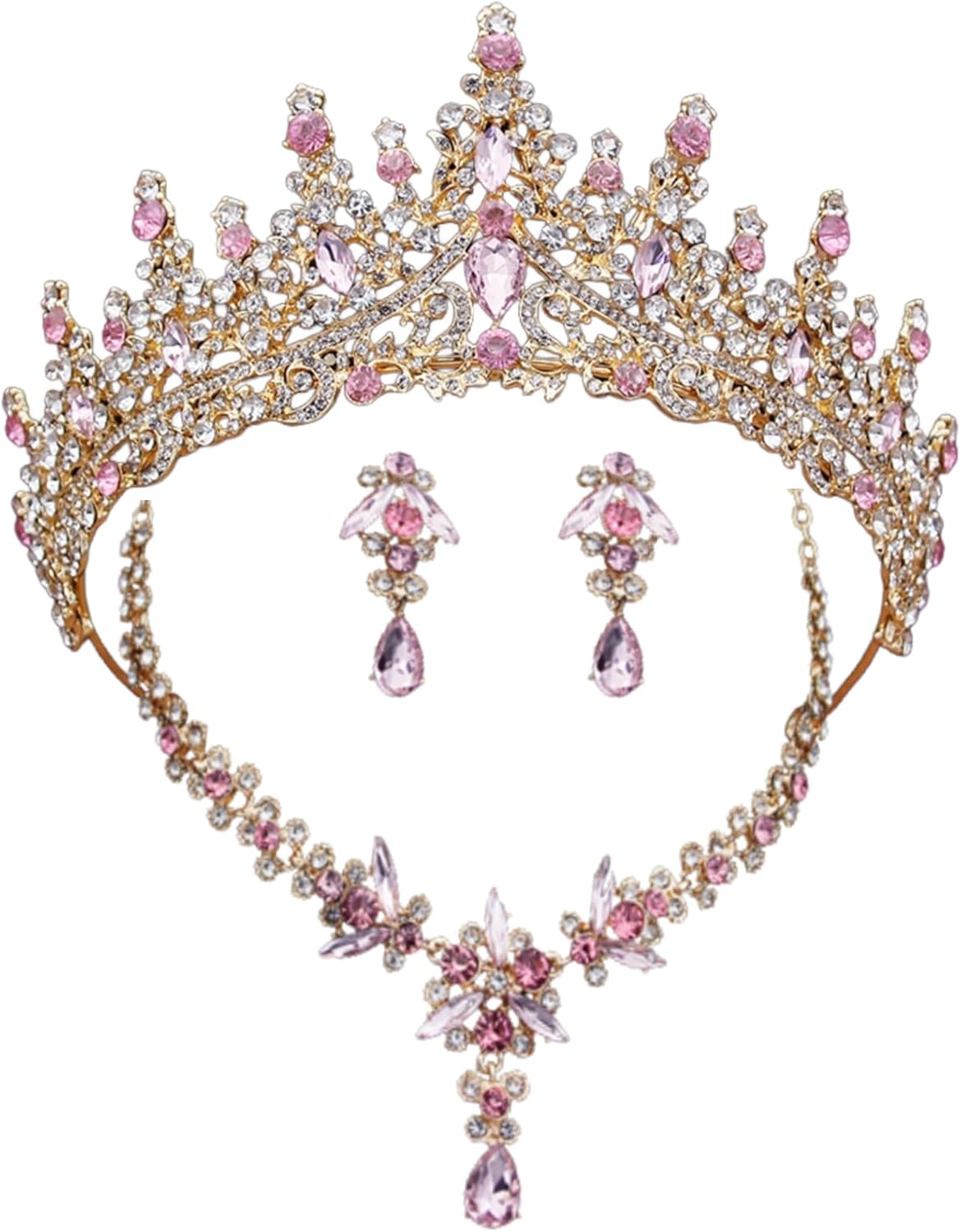 Gold Pink Crystal Bridal Tiara Set Wedding Crown, Necklace & Earrings Elegant Jewelry for Women & Brides Premium Gift Box Included