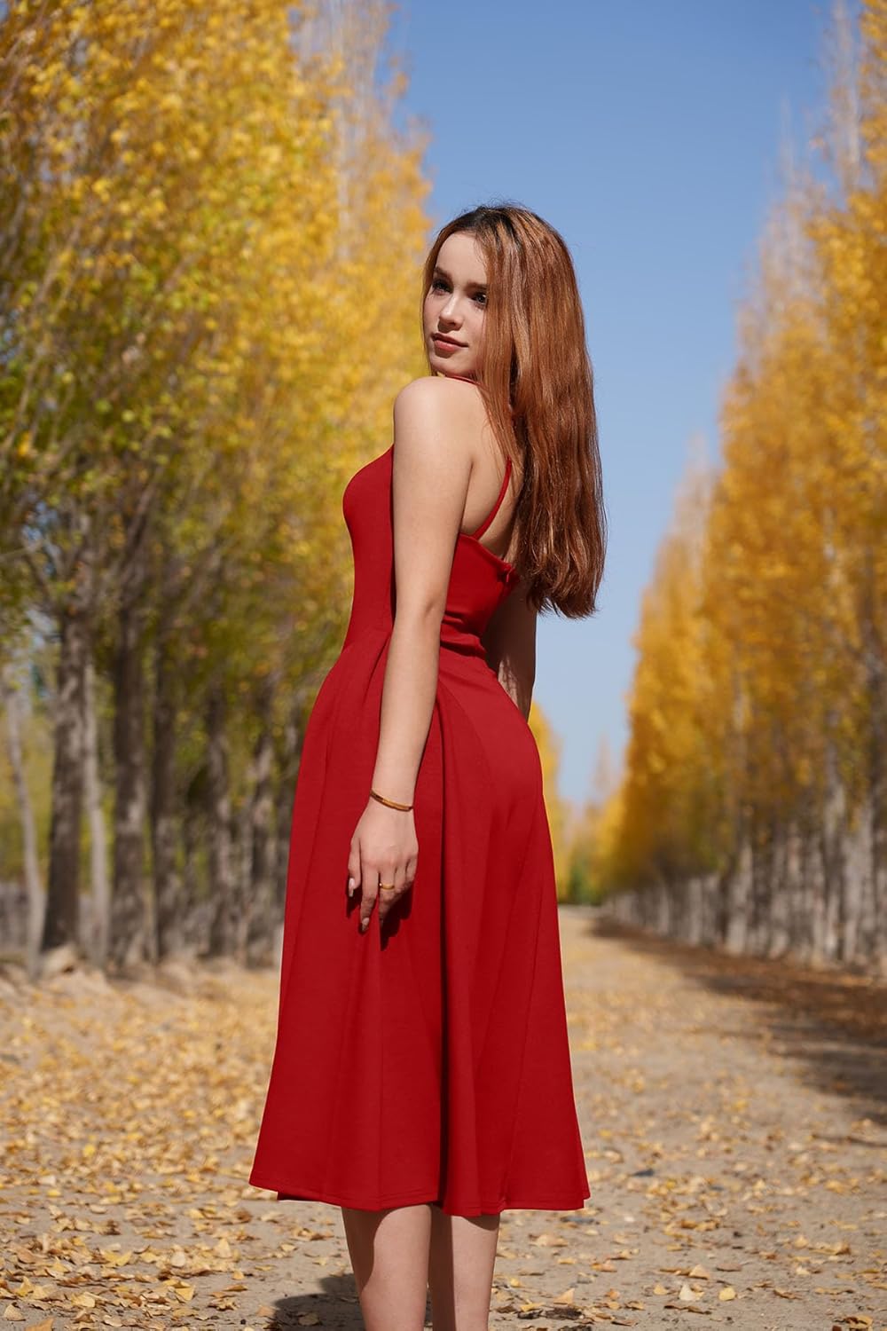 Memoriesea Women’s Elegant Square Neck Swing A Line Wedding Evening Party Midi Dress