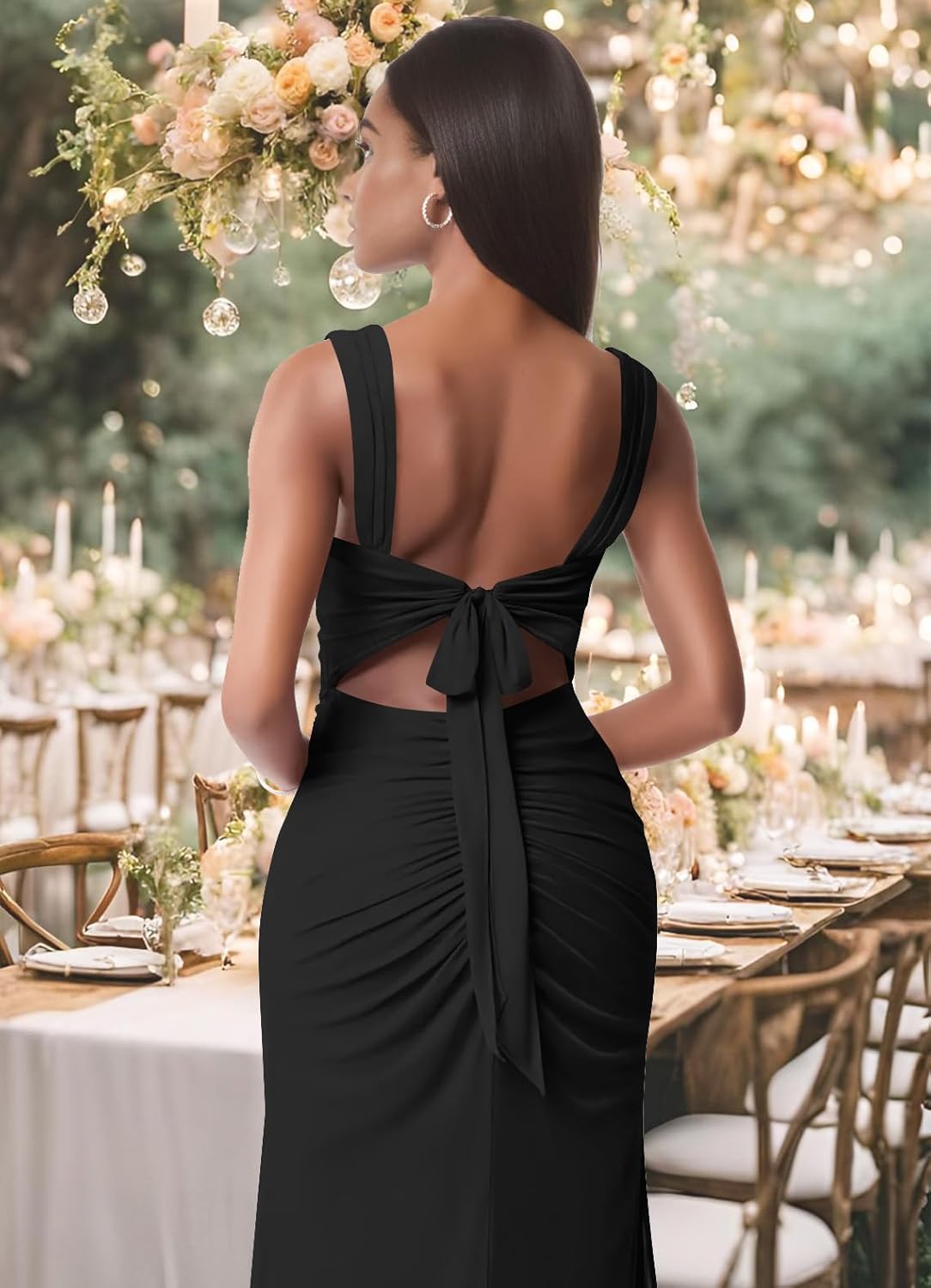 Women Sexy Mesh Tie Low Back Sleeveless Split Ruched Maxi Dress Party Cocktail Long Dress Wedding Guest Dresses