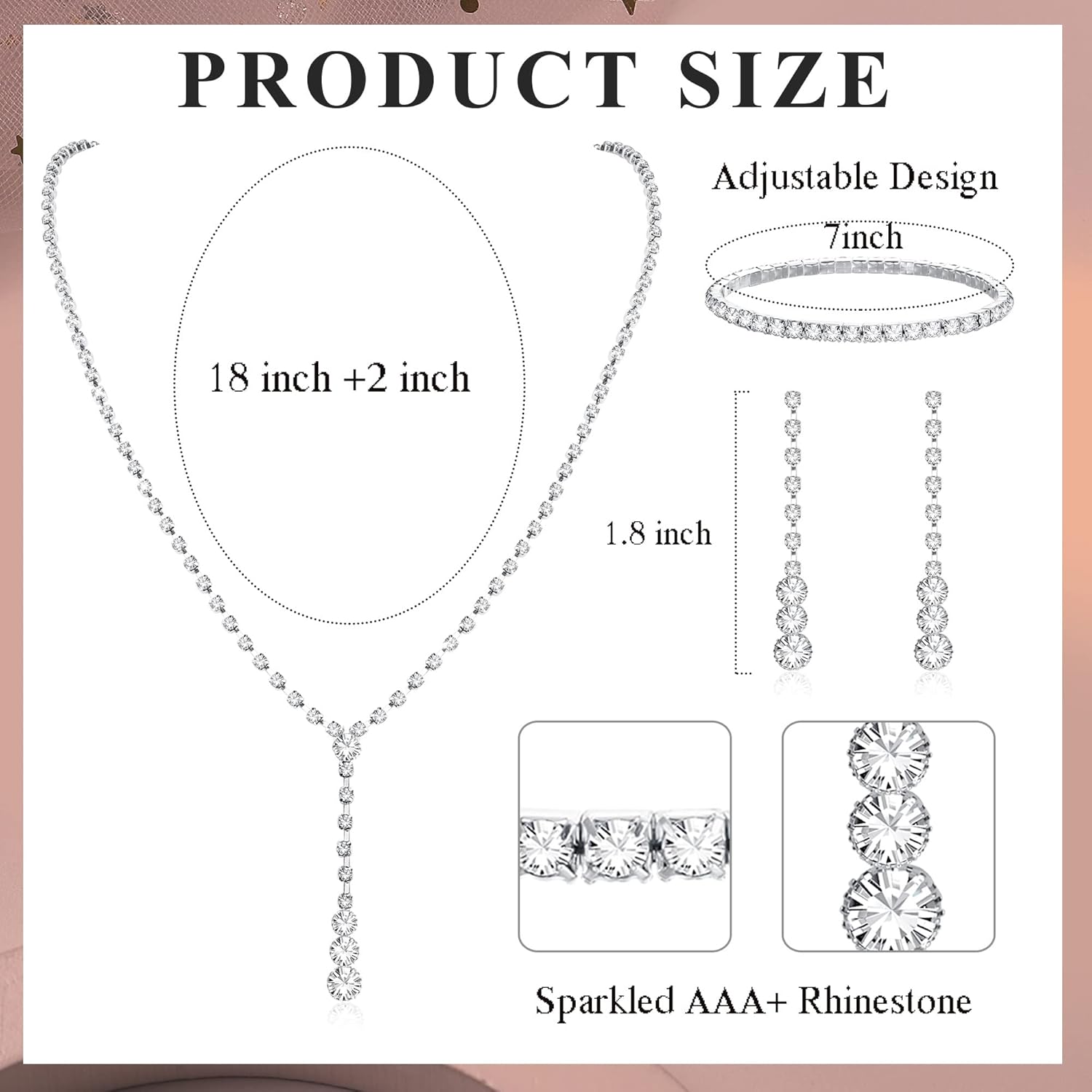 THUNARAZ Sparkled Jewelry Set for Women Silver Rhinestone Necklace Teardrop Dangle Earrings Bracelet for Bride Bridesmaid Crystal Bridal Prom Costume Jewelry Accessories for Wedding Party