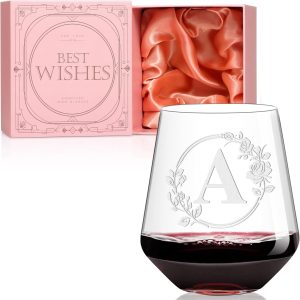 Personalized Stemless Wine Glass Custom Engraved Monogrammed Initial GlassesBridal Shower, Birthday, Wedding, or Engagement Gift for Women Her-A