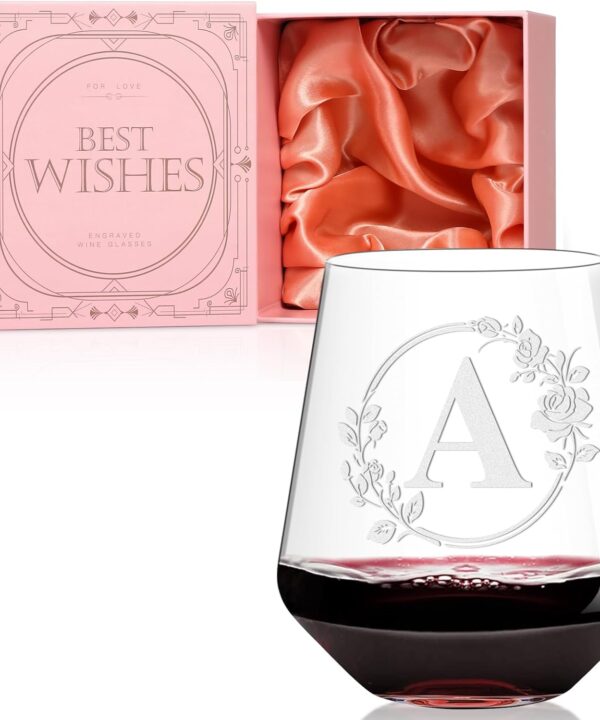 Personalized Stemless Wine Glass  Custom Engraved Monogrammed Initial GlassesBridal Shower, Birthday, Wedding, or Engagement Gift for Women Her-A