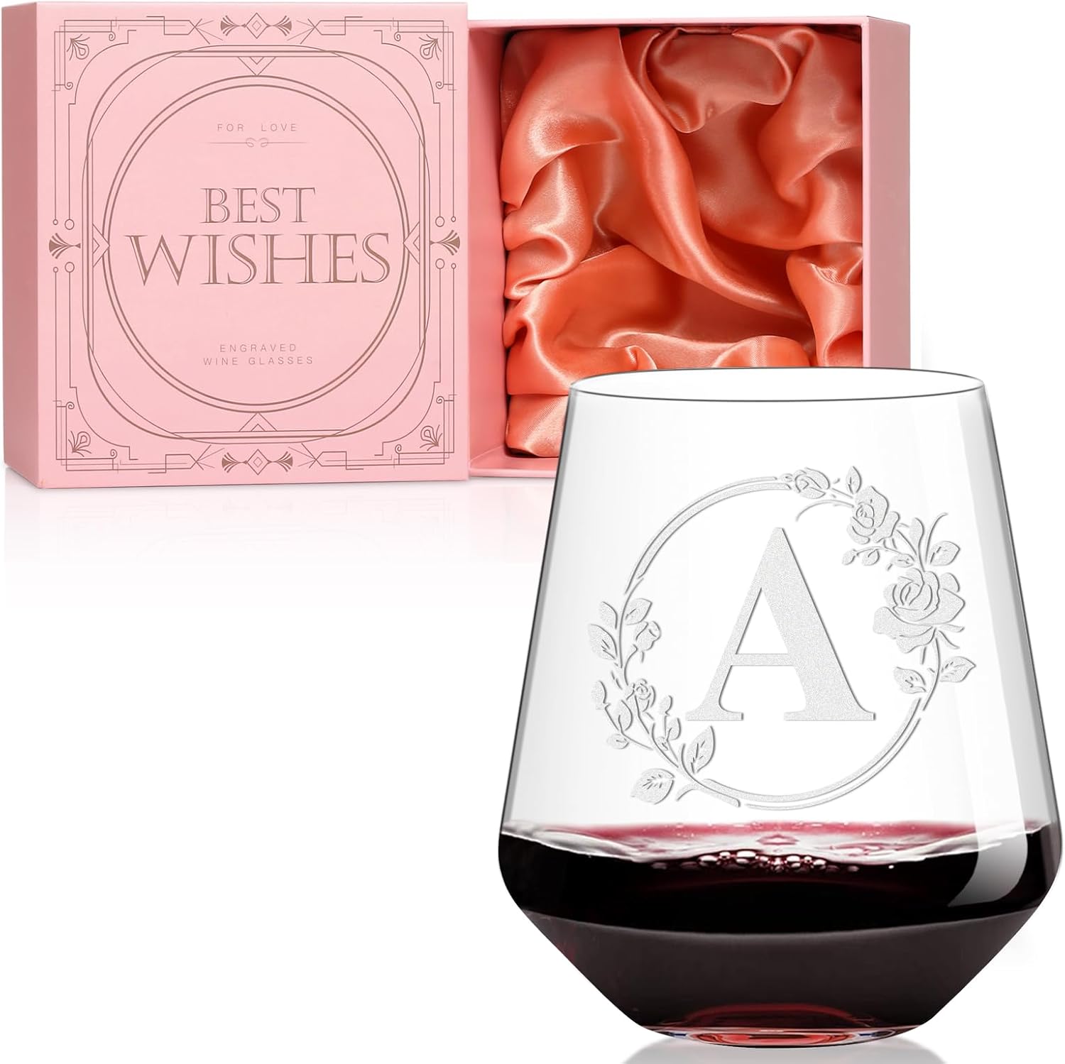 Personalized Stemless Wine Glass Custom Engraved Monogrammed Initial GlassesBridal Shower, Birthday, Wedding, or Engagement Gift for Women Her-A