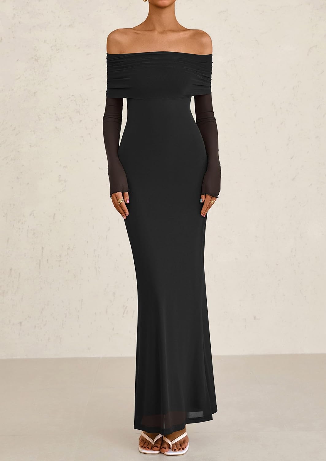 PRETTYGARDEN Fall Dresses for Women 2025 Elegant Off The Shoulder Long Sleeve Formal Wedding Guest Bodycon Maxi Dress