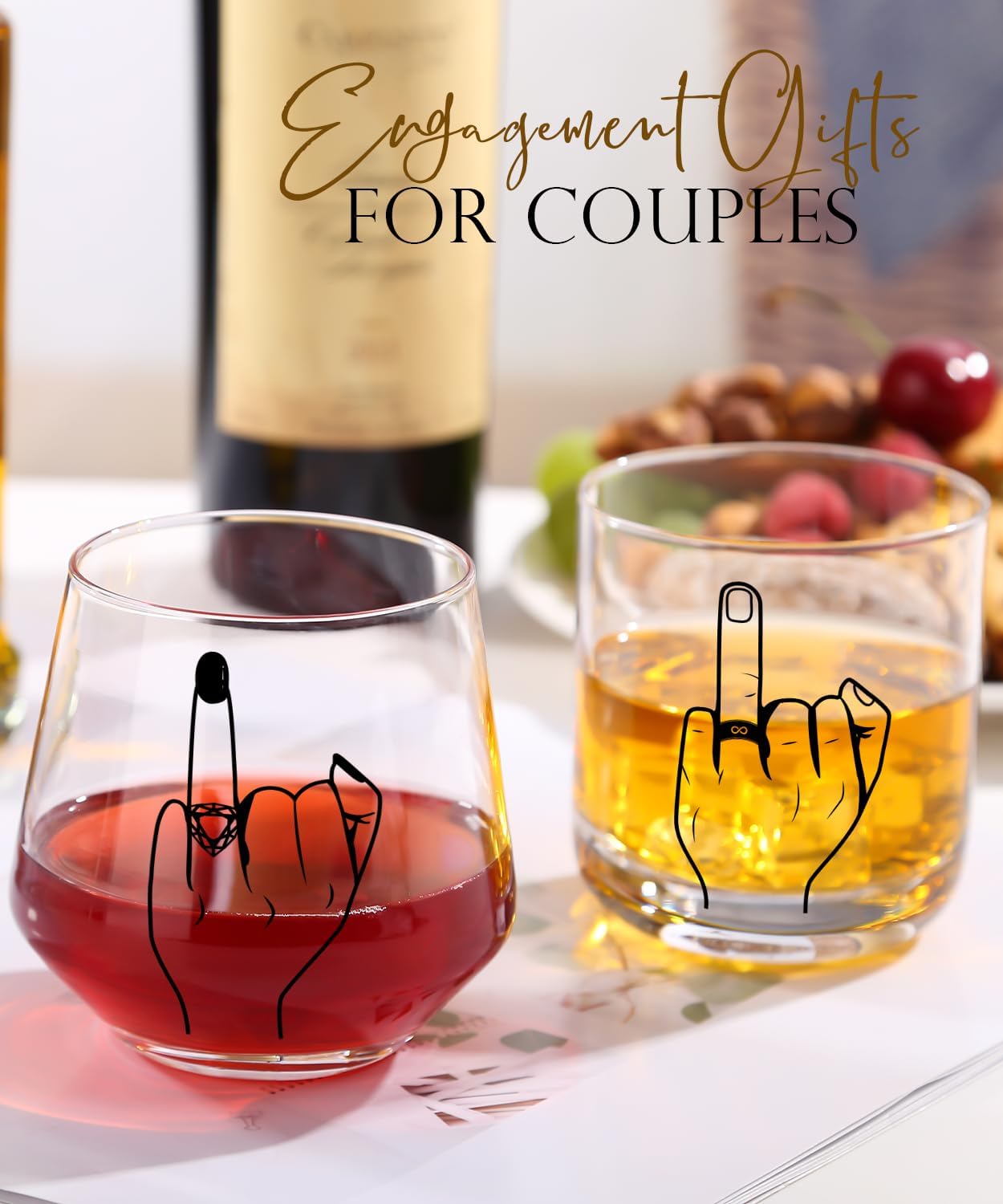 Engagement Gifts for Couple, Ring Finger Wine&Whiskey Glass Set,Bride and Groom Just Married Gift, Mr and Mrs Newlyweds Bridal Shower Gift,Wedding Gifts for Couples 2025