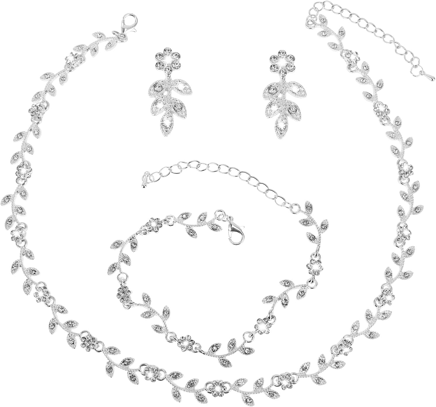 DIVINA VITAE 4 Pcs Crystal Rhinestone Wedding Set for Women Silver Wedding Necklace and Earring Set Bridal Bridesmaid Prom Costume Formal Jewelry Sets Accessories