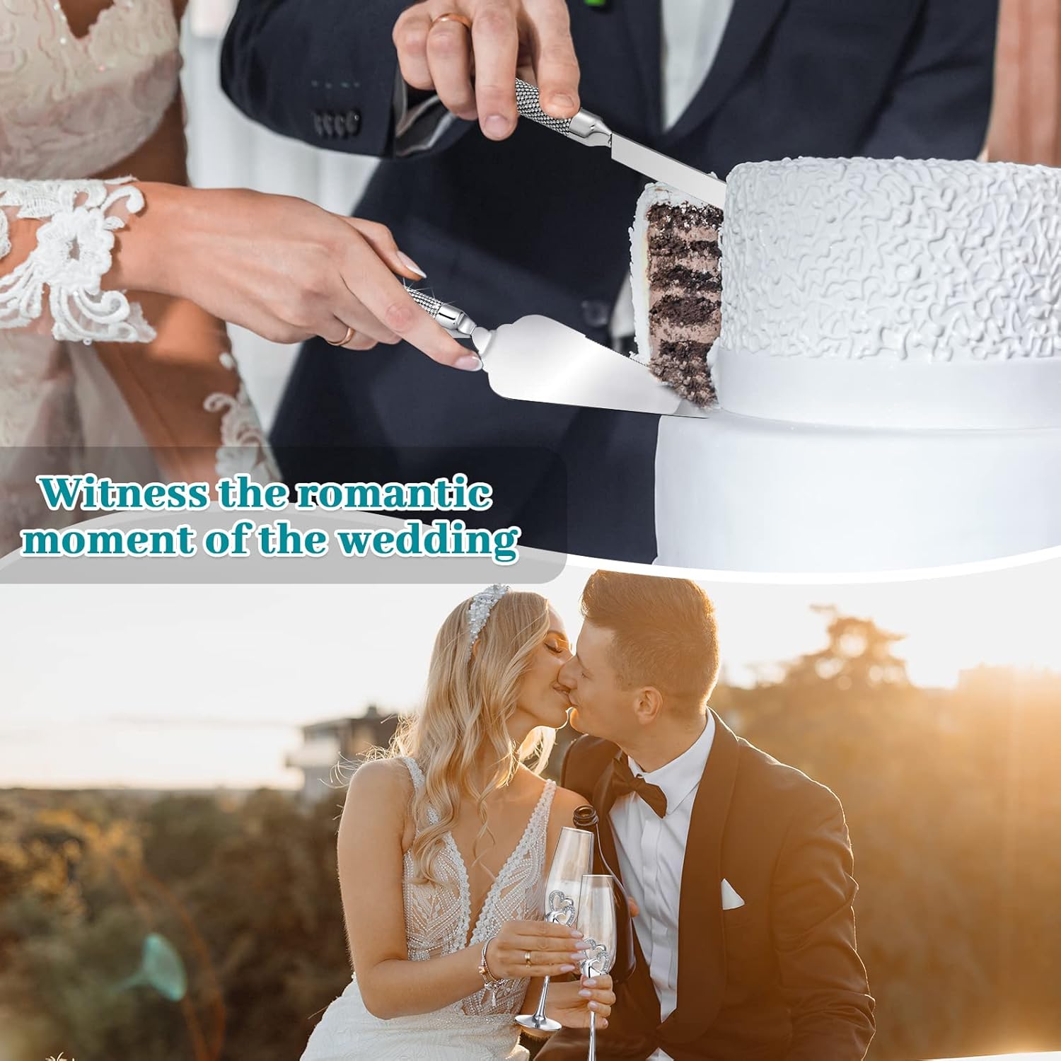 Zhehao Wedding Champagne Flutes and Cake Knife Server Set Toasting Glasses Toasting Champagne Flutes with Rhinestone Rimmed Hearts Decoration Couple Cake Cutting Set for Wedding Anniversary (Silver)