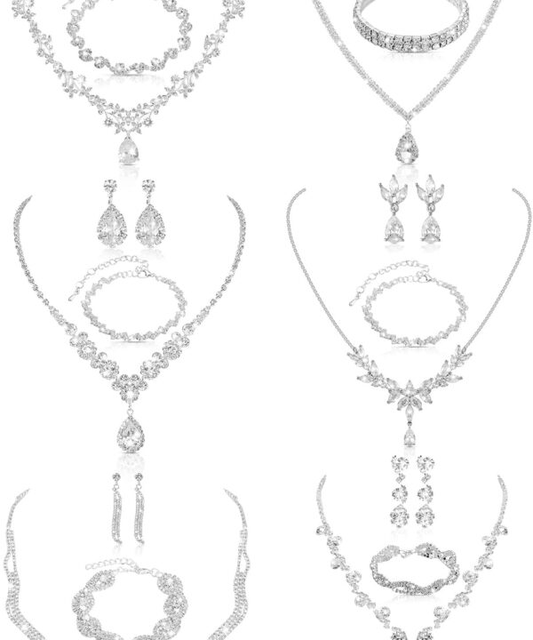 6 Sets Bridesmaid Jewelry Set for Wedding Silver Crystal Rhinestone Necklace Earrings Bracelet for Women Bride Bridal Jewelry